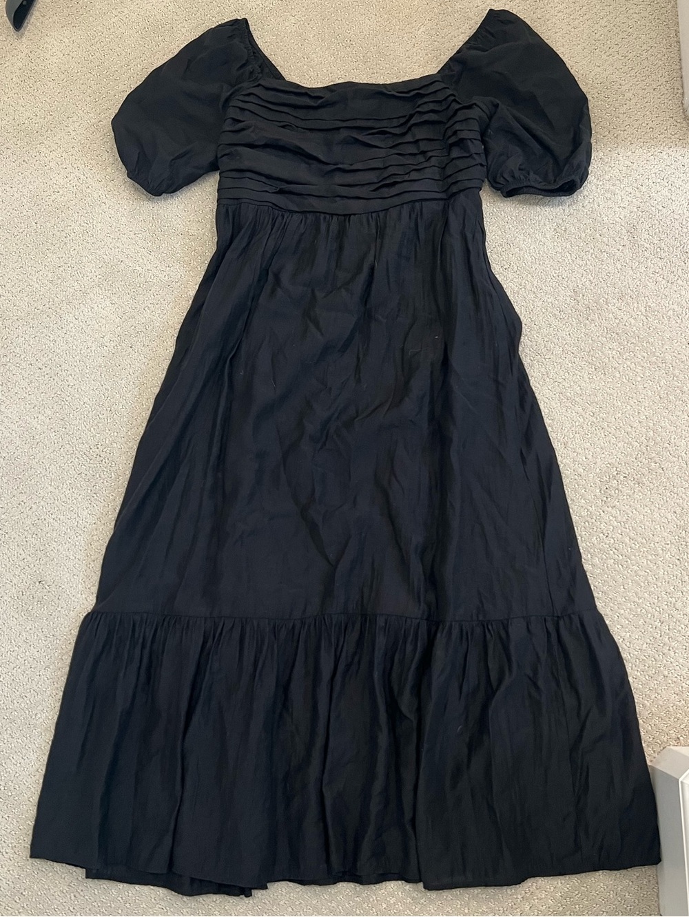 Black Puff-Sleeve Midi Dress with Ruched Bodice and Flounce Hem
